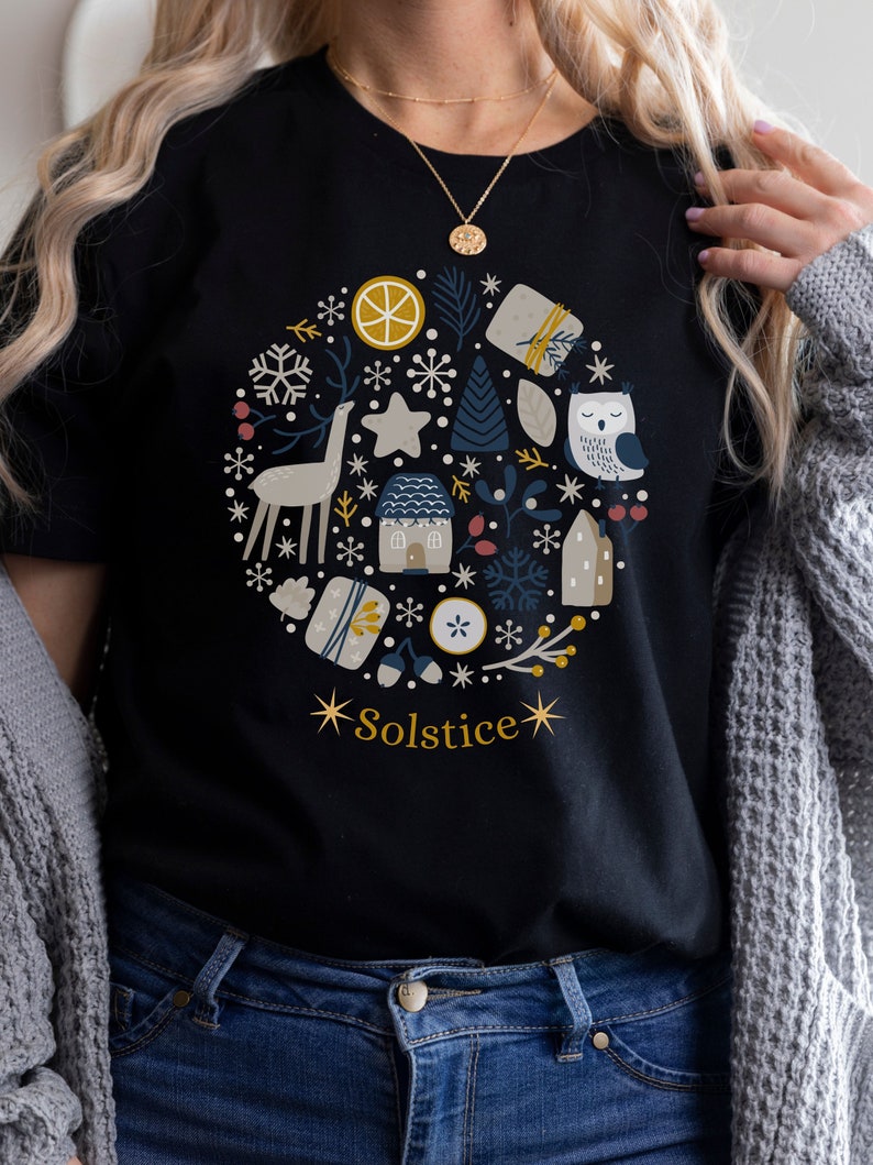 Winter Witch Tee, Winter solstice Christmas T-Shirt, Mystical Nordic whimsical woodland creatures, Doodle Christmas Top, Winter Wonderland image 7