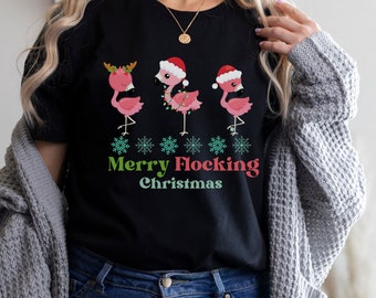 Merry Flocking Christmas, Flamingo Wrapped in Christmas Lights Tee, Tacky Christmas Shirt, Funny Flamingo, Santa Hat, Xmas