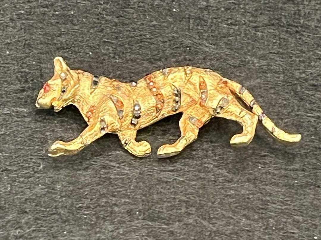 Vintage Capri Gold Tone Tiger Pin Black & Amber Glass Chips Some ...