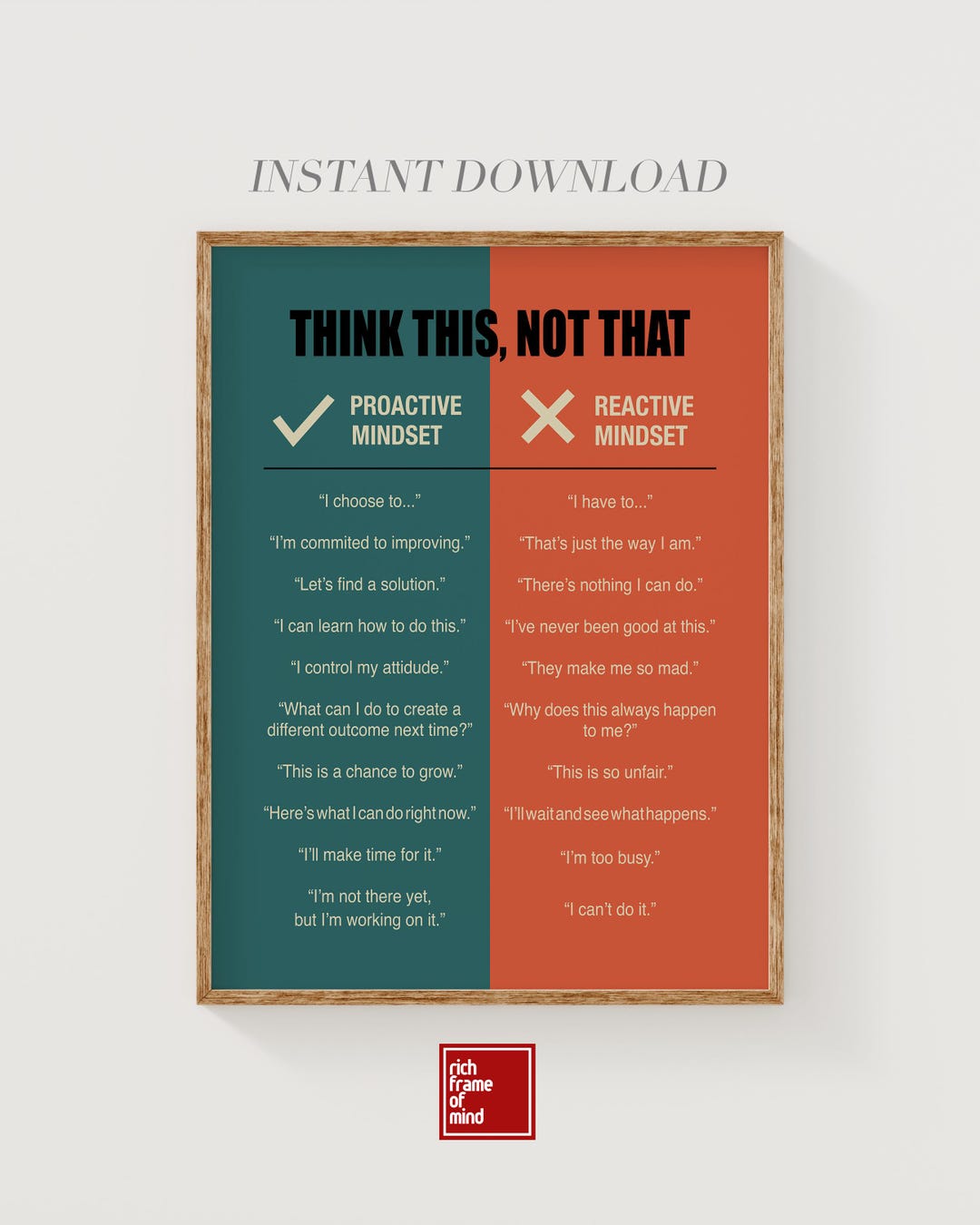 Proactive Reactive Mindset Poster | Motivational Think This Not That ...