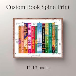 May include: A digital print of a bookshelf with 11-12 book spines. The spines are colourful and feature various titles, including "Happy Place", "Yours Truly", "The Wishing Game", and "Last Exchange". The text "sweet spines" is written in cursive on the left and right sides of the print.