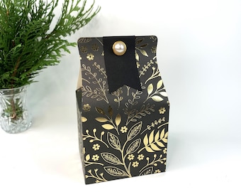 Floral Wedding Favor Box, Black & Gold with Faux Pearl Accent (3in)
