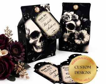 Gothic Skull Wedding Favor Box - Victorian, Vintage, Halloween + Personalized Tag