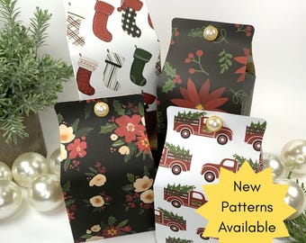 Christmas Favor Gift Box: Holiday Stockings, Vintage Farmhouse Truck, Snowflake & Gnome Designs