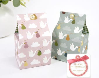 Stork Favor Box, Baby Shower Gift Box, Twin Gender Reveal, Childs Birthday, Personalized Tags