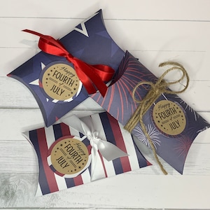 Patriotic 4th of July Pillow Favor Boxes – Stars, Stripes & Fireworks Gift Box for Treats, Small Gifts, Party Favors, Independence Day Event