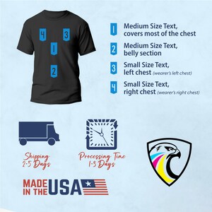 Pode incluir: Uma camiseta preta com quatro locais numerados para a coloca&ccedil;&atilde;o do texto. Os n&uacute;meros indicam o tamanho e a localiza&ccedil;&atilde;o do texto na camiseta. O n&uacute;mero 1 &eacute; um texto de tamanho m&eacute;dio que cobre a maior parte do peito. O n&uacute;mero 2 &eacute; um texto de tamanho m&eacute;dio que cobre a se&ccedil;&atilde;o do abd&ocirc;men. Os n&uacute;meros 3 e 4 s&atilde;o textos de tamanho pequeno que cobrem o peito esquerdo e direito, respectivamente. O texto na camiseta diz: "MADE IN THE USA".