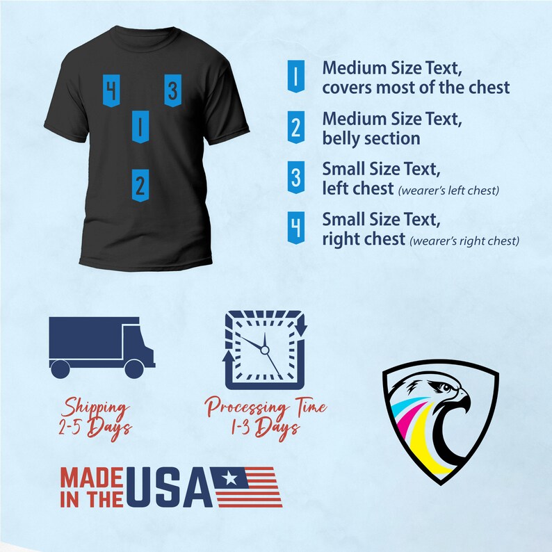 Pode incluir: Uma camiseta preta com quatro locais numerados para a coloca&ccedil;&atilde;o do texto. Os n&uacute;meros indicam o tamanho e a localiza&ccedil;&atilde;o do texto na camiseta. O n&uacute;mero 1 &eacute; um texto de tamanho m&eacute;dio que cobre a maior parte do peito. O n&uacute;mero 2 &eacute; um texto de tamanho m&eacute;dio que cobre a se&ccedil;&atilde;o do abd&ocirc;men. Os n&uacute;meros 3 e 4 s&atilde;o textos de tamanho pequeno que cobrem o peito esquerdo e direito, respectivamente. O texto na camiseta diz: "MADE IN THE USA".