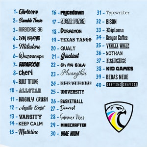 Pode incluir: Um gr&aacute;fico azul e branco com uma lista de 40 nomes de fontes diferentes. Os nomes das fontes est&atilde;o em texto preto e s&atilde;o numerados de 1 a 40. O gr&aacute;fico tamb&eacute;m inclui uma ilustra&ccedil;&atilde;o colorida de uma &aacute;guia com as asas abertas.