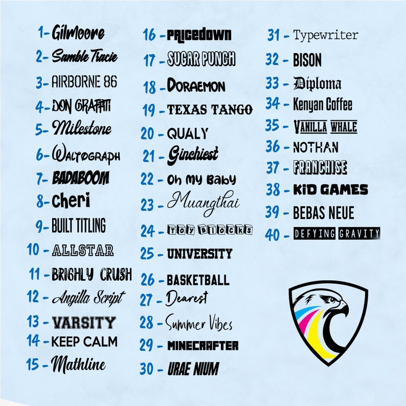 Pode incluir: Um gr&aacute;fico azul e branco com uma lista de 40 nomes de fontes diferentes. Os nomes das fontes est&atilde;o em texto preto e s&atilde;o numerados de 1 a 40. O gr&aacute;fico tamb&eacute;m inclui uma ilustra&ccedil;&atilde;o colorida de uma &aacute;guia com as asas abertas.