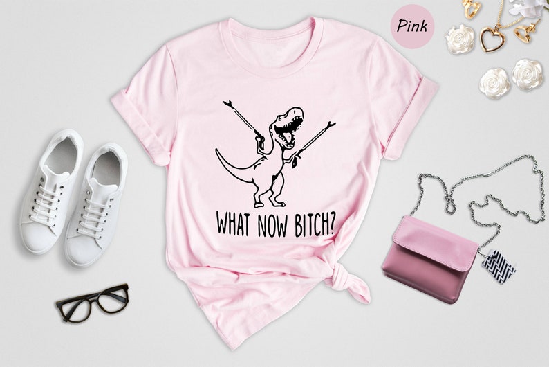 a pink t - shirt with a picture of a woman riding a dinosaur