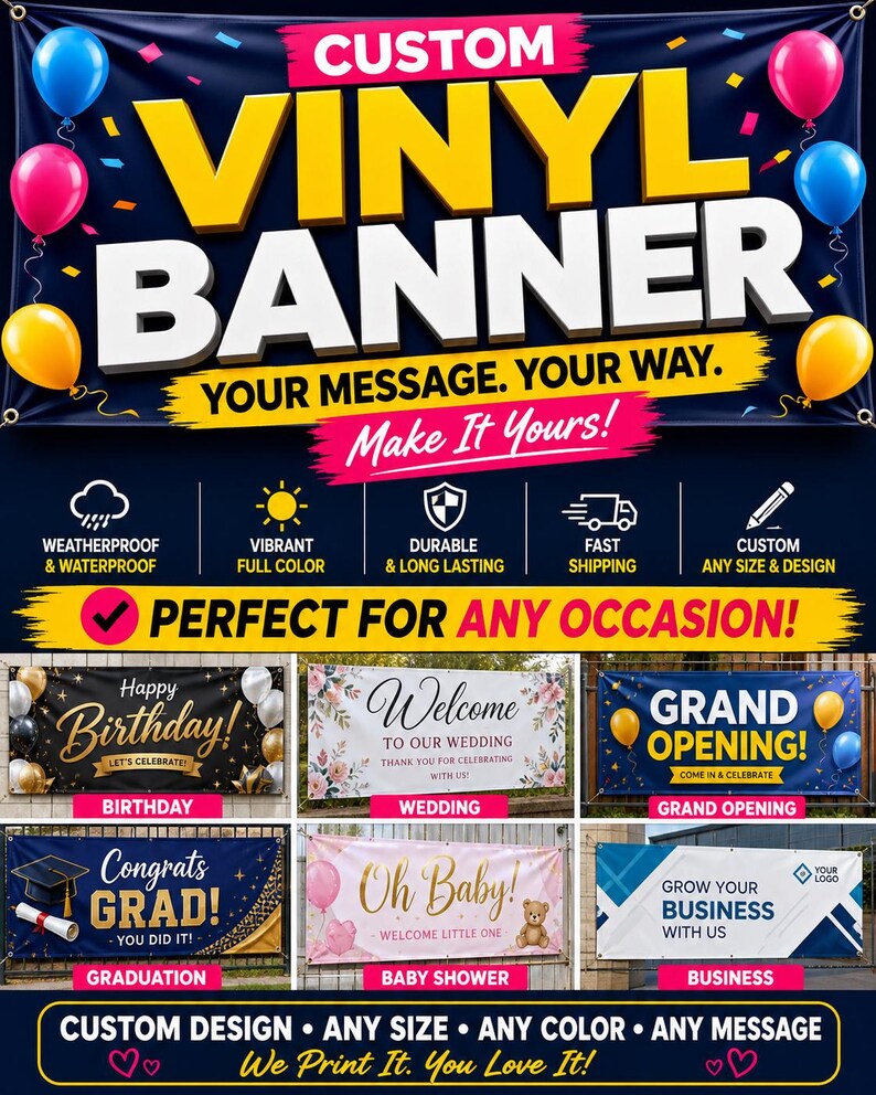 Custom Vinyl Banner | Waterproof Outdoor Sign | Business, Event, Wedding, Birthday image 2