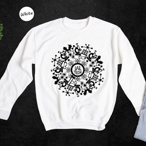 May include: White sweatshirt with a black design of a circle of science-related icons and the text "Lab Tech" in the center.