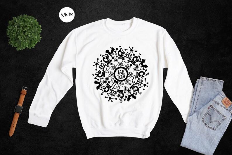 May include: White sweatshirt with a black design of a circle of science-related icons and the text "Lab Tech" in the center.