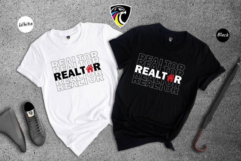 May include: Two t-shirts, one white and one black, with the word "REALTOR" repeated multiple times in a stacked pattern. The word "REALTOR" is in bold, red font with a small house icon in the middle of the word. The rest of the text is in black and white.