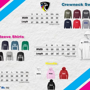 May include: Size chart for long sleeve shirts, crewneck sweatshirts, and hoodies. The chart shows the width and length measurements in inches for each size: small, medium, large, extra large, extra extra large, and triple extra large.