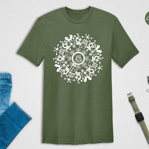 May include: A green t-shirt with a white design of a circle with science-related icons and the text "Lab Tech".