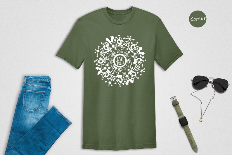 May include: A green t-shirt with a white design of a circle with science-related icons and the text "Lab Tech".