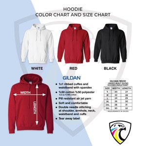 Pode incluir: Uma tabela de cores e tamanhos para um moletom com capuz Gildan. A tabela mostra o moletom com capuz em branco, vermelho e preto. A tabela de tamanhos mostra a largura e o comprimento em polegadas para os tamanhos S a 3XL.