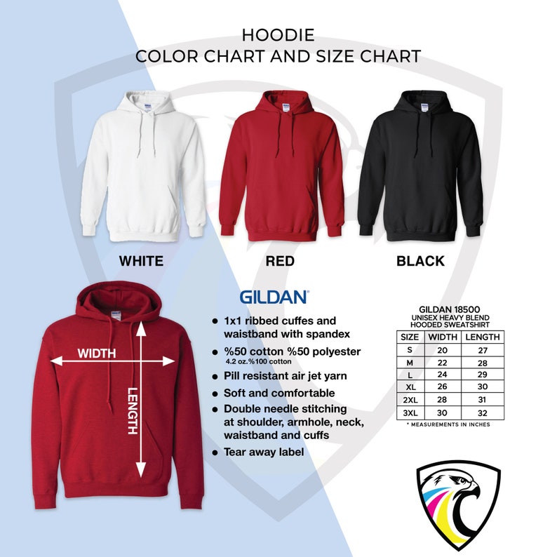 Pode incluir: Uma tabela de cores e tamanhos para um moletom com capuz Gildan. A tabela mostra o moletom com capuz em branco, vermelho e preto. A tabela de tamanhos mostra a largura e o comprimento em polegadas para os tamanhos S a 3XL.