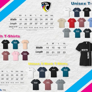 May include: Size chart for unisex t-shirts, youth t-shirts, and v-neck t-shirts. The chart shows the width, length, and chest to fit measurements in inches for each size, from XS to 3XL. The chart also includes a variety of colors for each type of shirt.