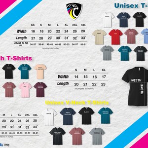 May include: A size chart for unisex t-shirts, youth t-shirts, and v-neck t-shirts. The chart shows the width, length, and chest to fit measurements in inches for each size. The t-shirts are available in a variety of colours, including white, black, navy heather, peach heather, Carolina blue, kelly green, dark heather, teal heather, maroon heather, pink, and cactus.