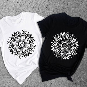 May include: Two t-shirts, one white and one black, with a circular design featuring the words "Lab Tech" surrounded by science-related icons.