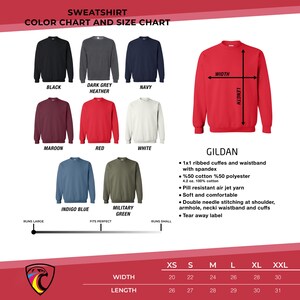 Pode incluir: Tabela de cores e tamanhos para sweatshirts da marca Gildan. A tabela mostra 10 cores diferentes, incluindo preto, azul marinho, vermelho, branco, vinho, cinza escuro mesclado, azul &iacute;ndigo e verde militar. A tabela de tamanhos mostra as medidas em polegadas para largura e comprimento para os tamanhos XS, S, M, L, XL e XXL.