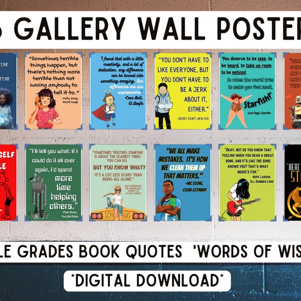 Middle Grade Book Quotes and Characters Digital Posters- Perfect for middle school classrooms, libraries, & decor.  Motivational Posters.
