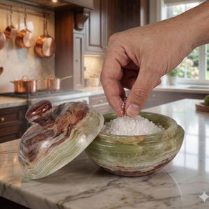 Tarro de almacenamiento de mármol natural con tapa, tarro de almacenamiento hecho a mano, recipiente para utensilios de cocina, piedra de ónix verde para sal, pimienta y especias.