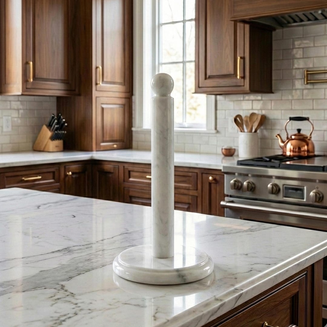 Handmade White Marble Paper Towel Holder, Heavy Base Natural Stone Kitchen Towel Dispenser, Luxury Housewarming Stone Gift, Paper Stand
