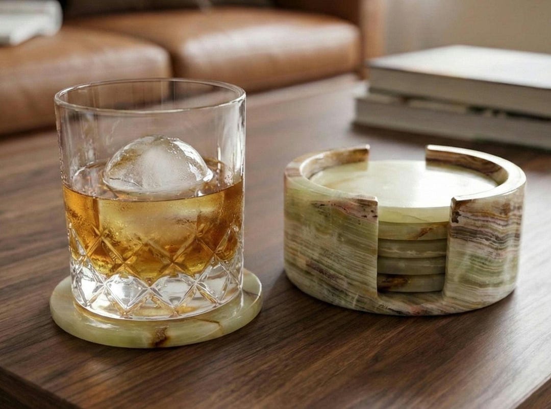 Green Onyx Coasters Set of 6 with Holder | Heavy Natural Stone Drink Coasters | Luxury Marble Alternative Gift for Home