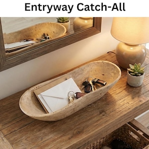Natural Travertine Boat Bowl – Rustic Farmhouse Centerpiece Tray