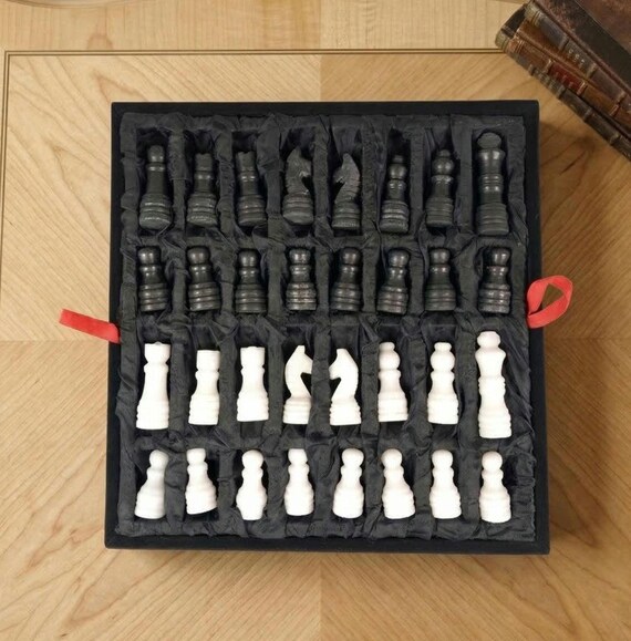 Marble Chess Pieces with Storage Tray, Handmade Black and White Marble Stone Chessmen, 3 inch King, Luxury Chess Gift for Collectors