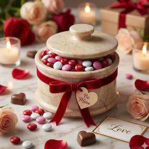 May include: A marble jar filled with red, pink, and white candies, tied with a red velvet ribbon and a heart-shaped tag that says "Be Mine." The jar is open, revealing the candies inside. Roses and candles surround the jar.