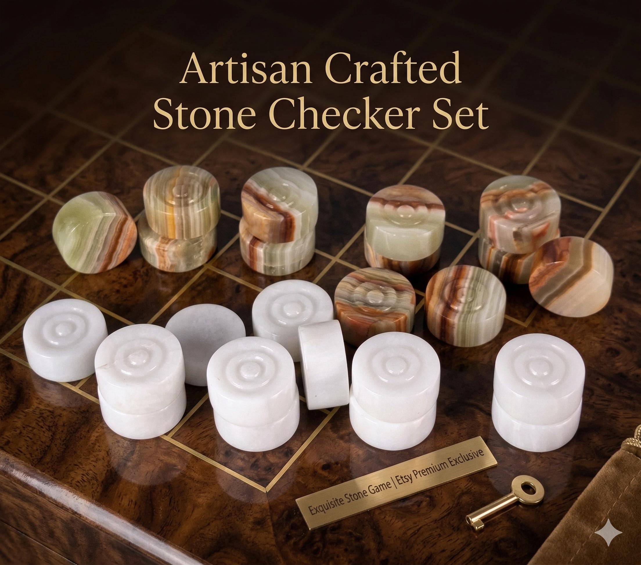 Stone Checker Pattern Luxury Green Onyx & White Marble Checker Pieces Only. Complete Set of ...