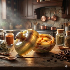 May include: A decorative, open onyx bowl and lid with a warm, translucent appearance. The bowl sits on a wooden surface with coffee beans, spices, and jars in the background. The kitchen setting includes copper pots and wooden cabinets.