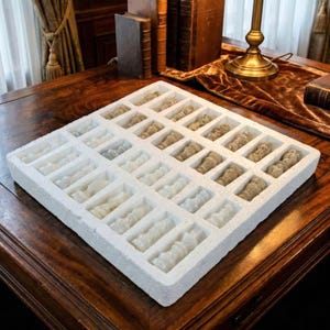 Puede incluir: Una bandeja de espuma blanca llena de piezas de ajedrez en varios colores, incluyendo blanco, beige y gris. Las piezas de ajedrez están dispuestas en compartimentos individuales. La bandeja está sobre una mesa de madera oscura, con libros y una lámpara en el fondo.