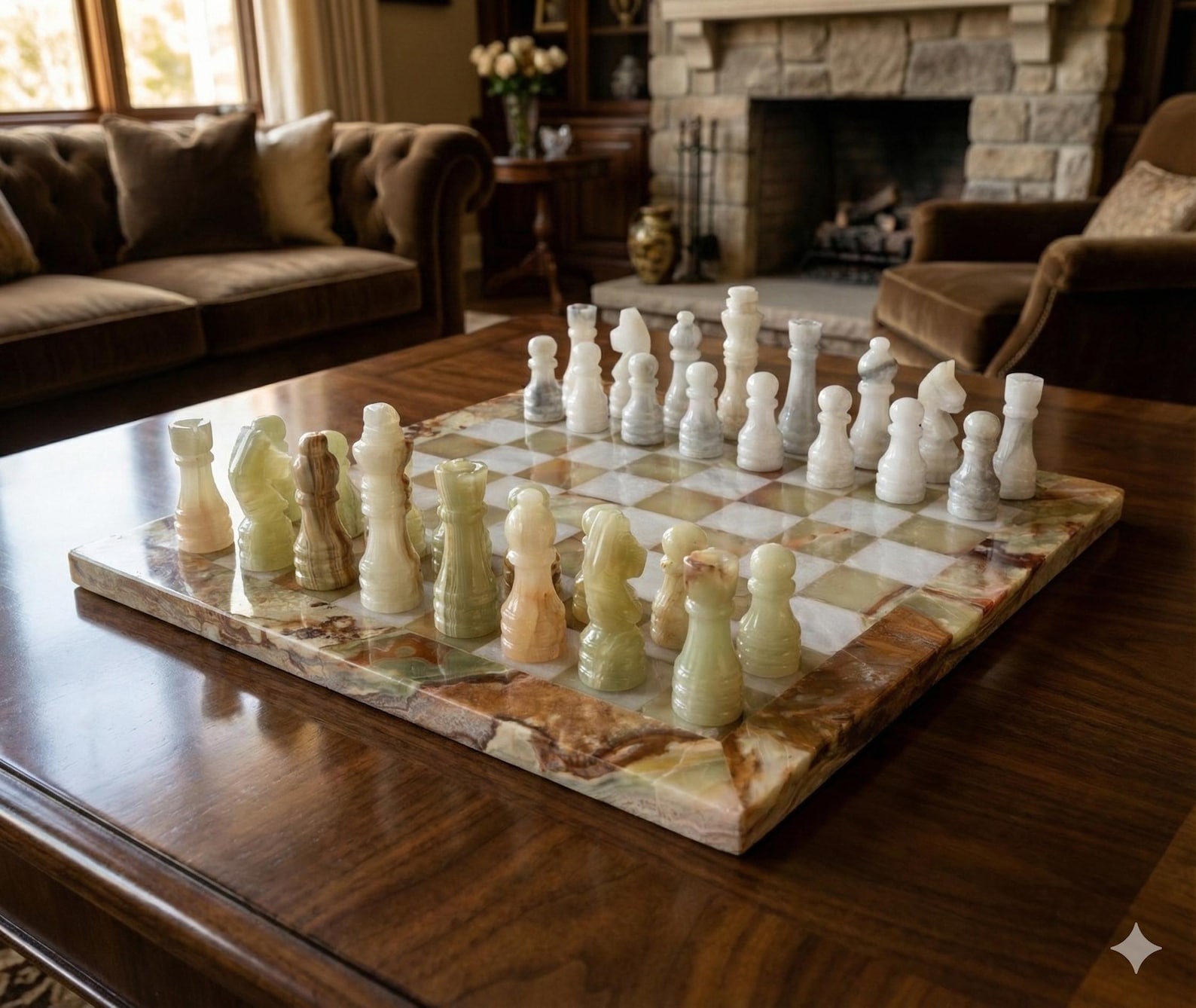 Handmade Green onyx and white Marble Chess Set: 12" Stone chess Board & pieces with Styrofoam Storage box for Valentine or birthday gift