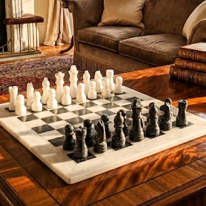 Handmade Marble Chess Set: 12" Black & White chess board and pieces, Stone Christmas gift for him