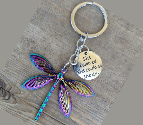 She Believed She Could So She Did Dragonfly Keychain, Colored Dragonfly Keychain, Dragonfly Charm, Car Key Ring, Keychain Gift, Dragonfly