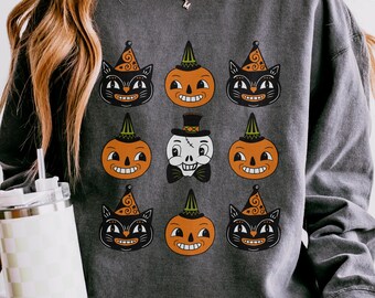 Vintage Halloween Shirt: Retro Cats & Pumpkins Graphic Tee, Long Sleeve or Sweatshirt