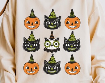 Vintage Halloween Shirt: Retro Pumpkins and Cats Graphic Tee, Long Sleeve or Sweatshirt