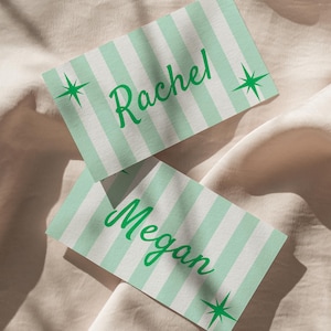 Tarjetas de nombre Palm Royale, temática de Palm Beach, retro, plantilla editable, despedida de soltera en Palm Springs, tarjetas personalizables, despedida de soltera