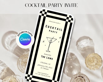 Mobile Party Invite, Digital Template, Retro Cocktail Party Invite, Customizable, Cocktail Dinner Party, Black & White Checkered