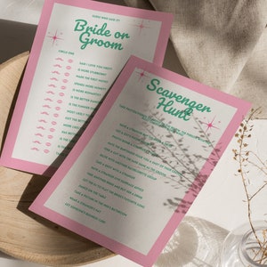 May include: Two pink printable game cards with green and white text. The first card is titled "Bride or Groom" and has a list of questions to guess who said it. The second card is titled "Scavenger Hunt" and has a list of tasks to complete.