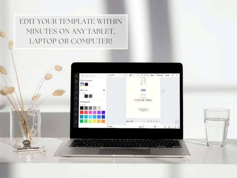 May include: A laptop computer displaying a digital design template for a cocktail party invitation. The template features a blue and white illustration of a cocktail glass with a straw. The laptop screen also shows a color palette with various shades of blue, green, pink, and purple.