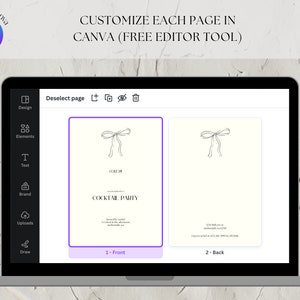 May include: A screenshot of a Canva design editor showing two pages of a printable invitation. The front page has a simple hand-drawn bow and the text "Cocktail Party". The back page has a simple hand-drawn bow and space for text.