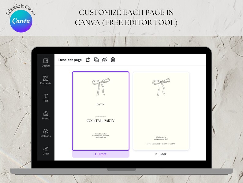May include: A screenshot of a Canva design editor showing two pages of a printable invitation. The front page has a simple hand-drawn bow and the text "Cocktail Party". The back page has a simple hand-drawn bow and space for text.