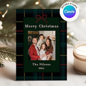Modelo de cartão de Natal xadrez, cartão de Natal Ralph Lauren, personalizável, foto de família festiva elegante, 5x7 para impressão, faça você mesmo, download instantâneo